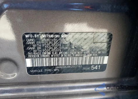 2019 Mitsubishi Outlander Se из США, поврежденный, VIN JA4AD3A38KZ007161